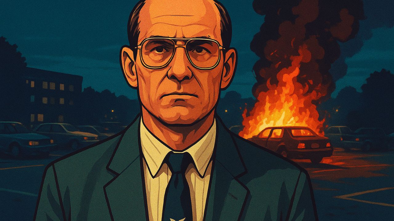 Pershing (Andrzej Kolikowski) v obleku pred horiaci automobilom na tmavom parkovisku. Dramatická nočná atmosféra.