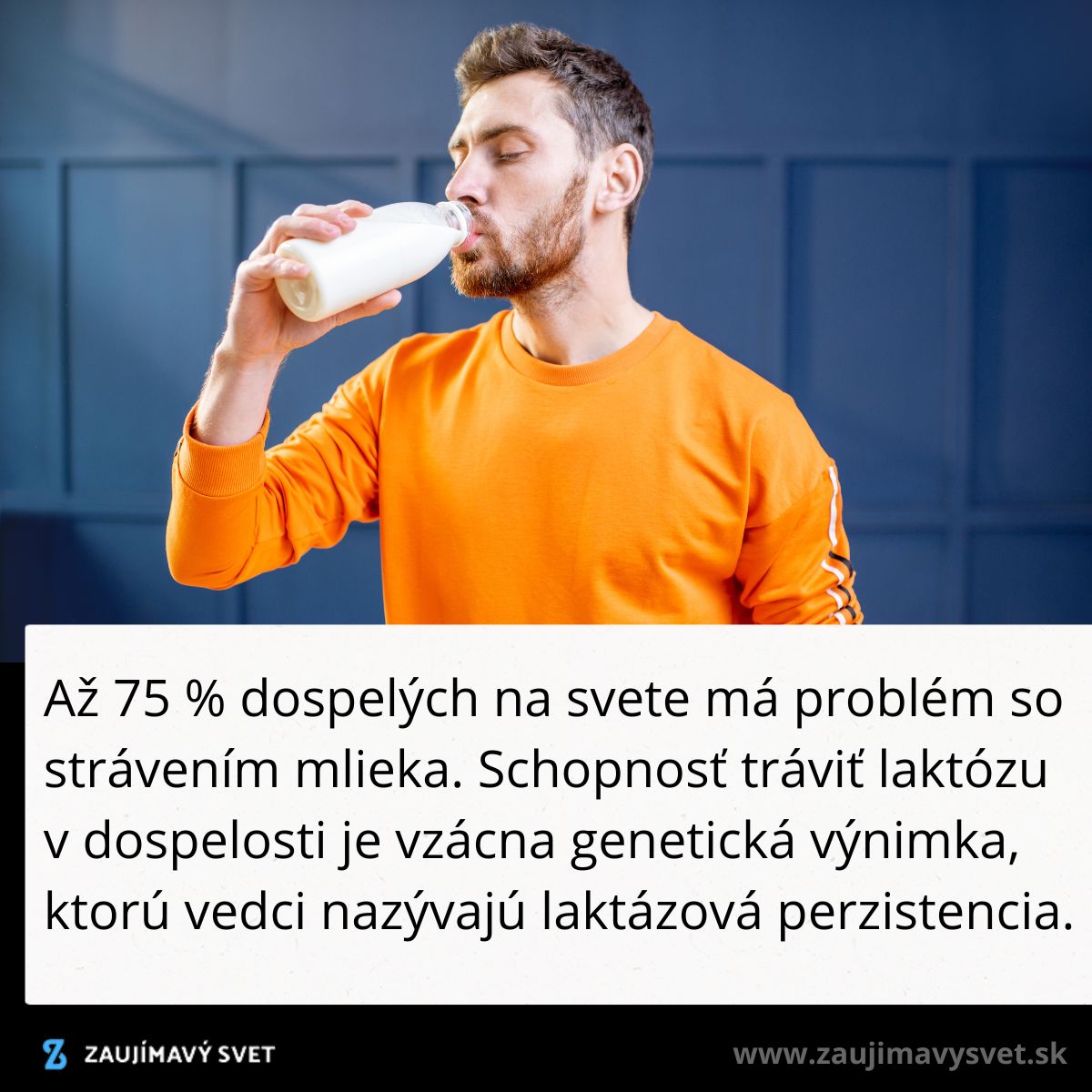 Muž v oranžovom tričku pije mlieko z fľaše, modré pozadie. Text o laktózovej intolerancii.