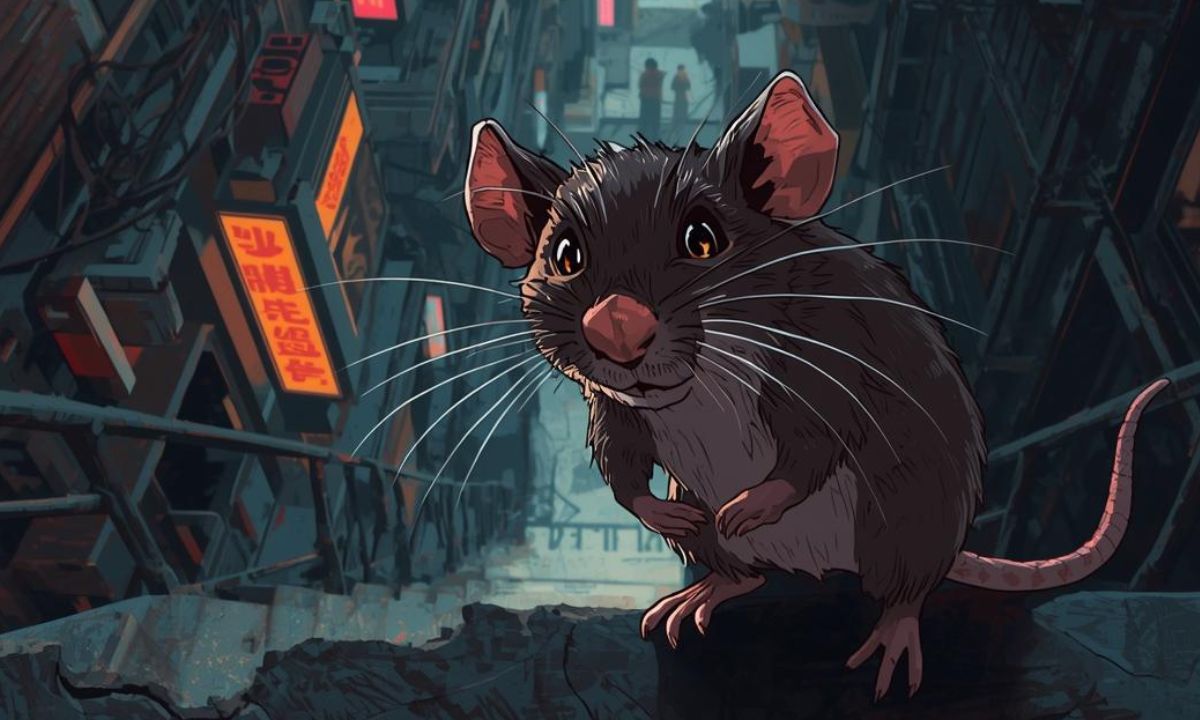 Animovaná ilustrácia potkana s veľkými očami v tmavej mestkej uličke osvetlenej neónmi.