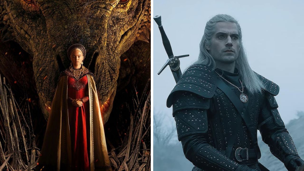 Žena pred drakom a muž s mečom. Stredoveká fantasy scéna s drakom a rytierom.