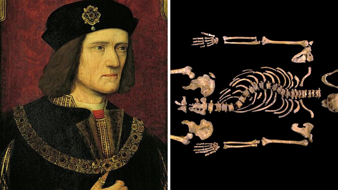 Portrét v stredovekých šatách vedľa archeologických kostí na tmavom pozadí.