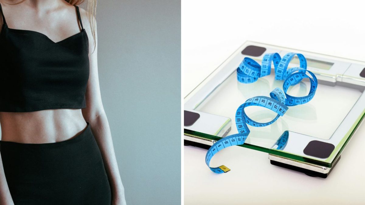 Žena v čiernom oblečení a modrý meter na váhe, symboly fitness a zdravého životného štýlu.