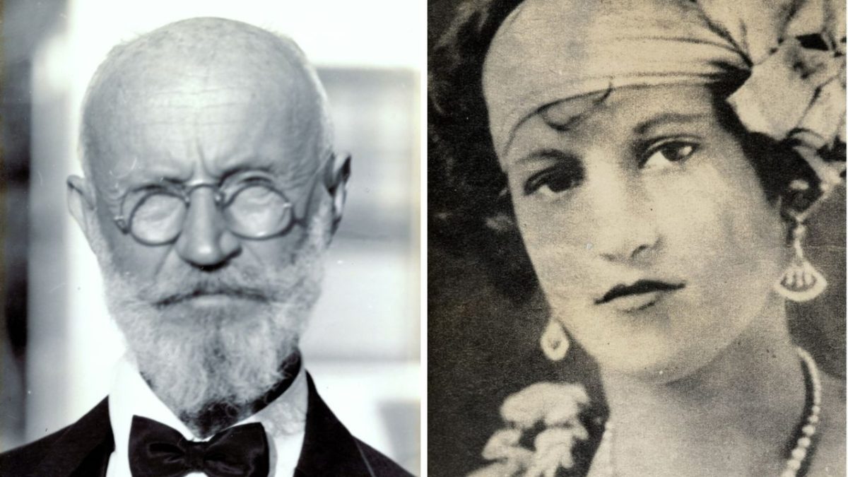 Starý muž s okuliarmi a bradou vedľa ženy s čelenkou a náušnicami z historickej fotografie.
