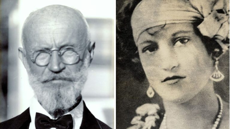 Starý muž s okuliarmi a bradou vedľa ženy s čelenkou a náušnicami z historickej fotografie.