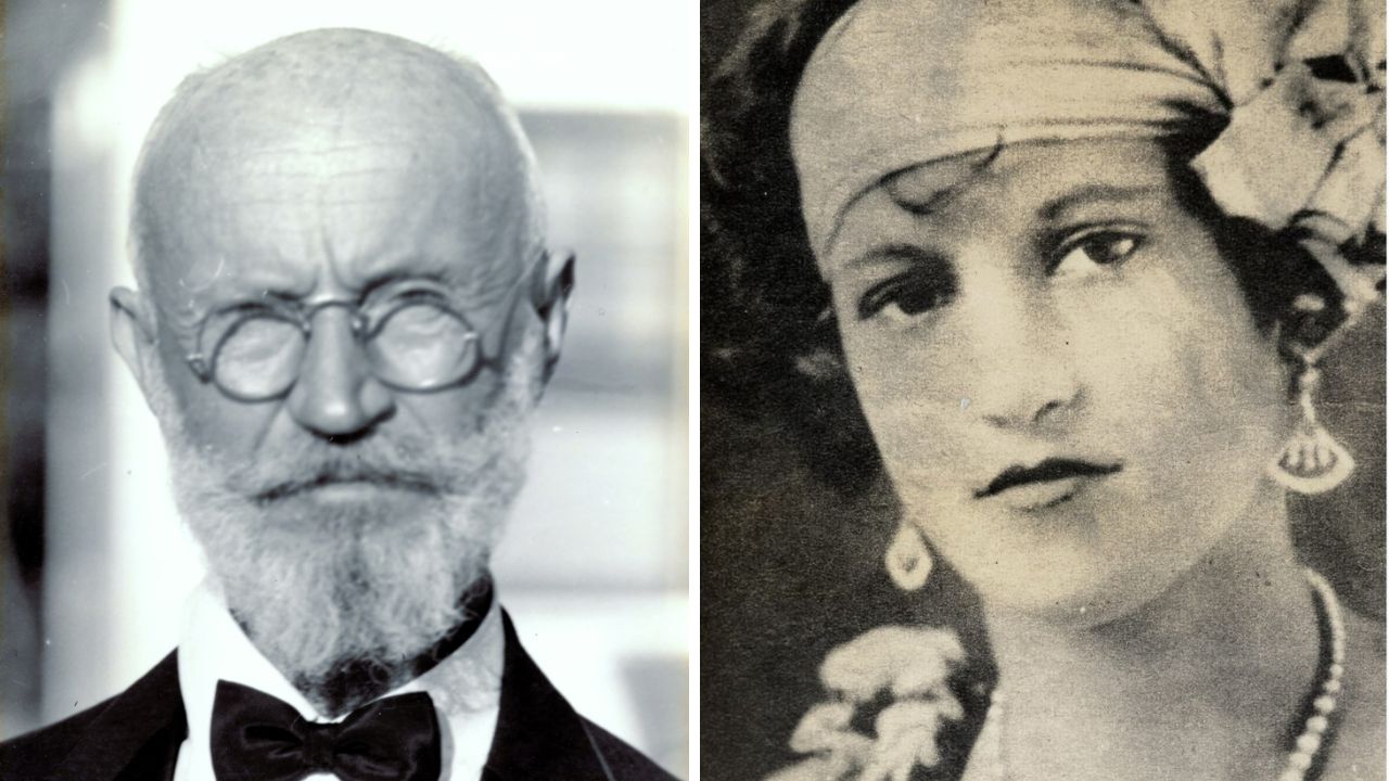 Starý muž s okuliarmi a bradou vedľa ženy s čelenkou a náušnicami z historickej fotografie.