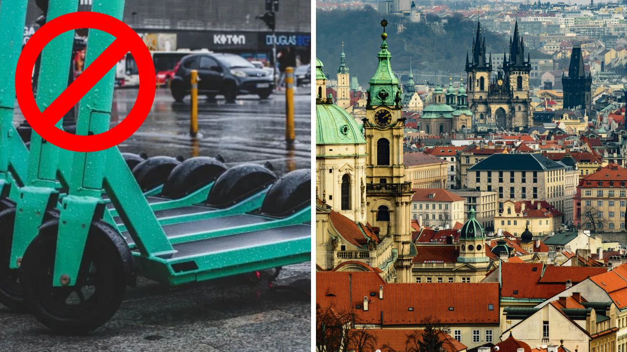 Nepovolené používanie elektrických kolobežiek v historickom centre mesta, v pozadí ikonické veže katedrál.