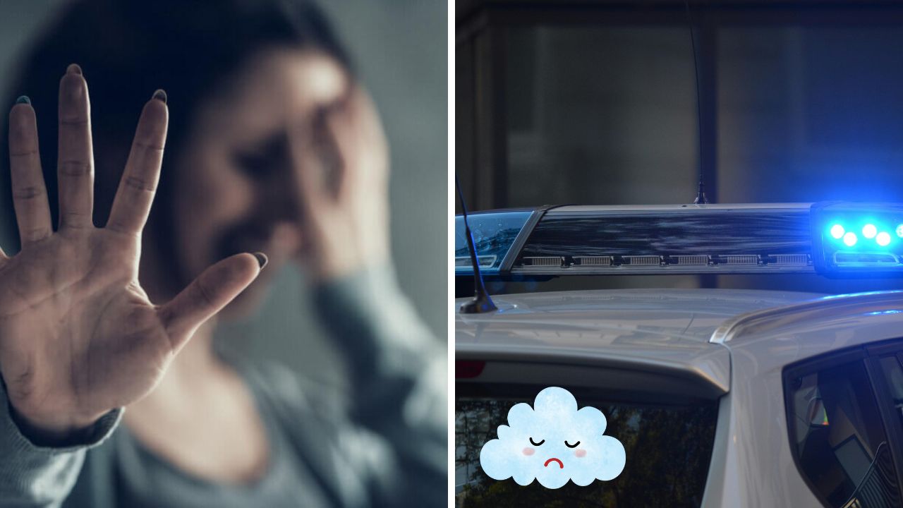 Žena so zdvihnutou rukou, symbolizujúcou stop, vedľa policajné auto s blikajúcimi svetlami.
