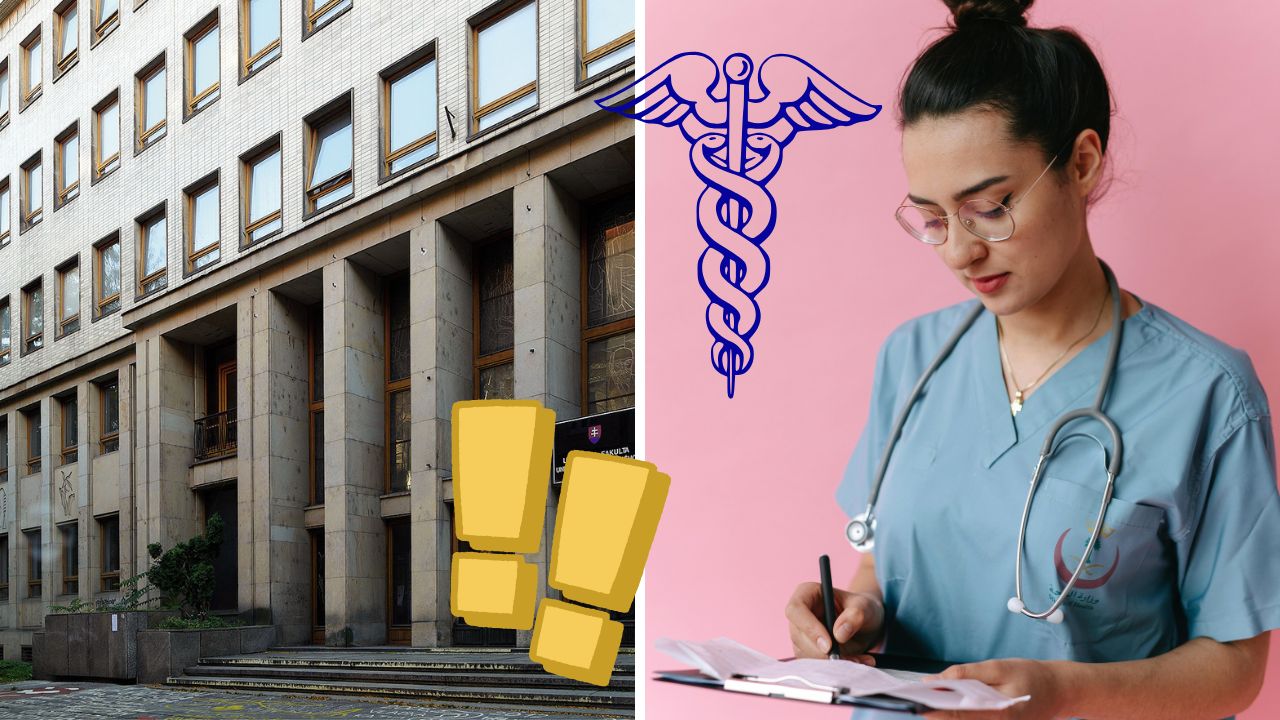 Lekárka so stetoskopom píše poznámky; budova s oknami a stĺporadím na pozadí.