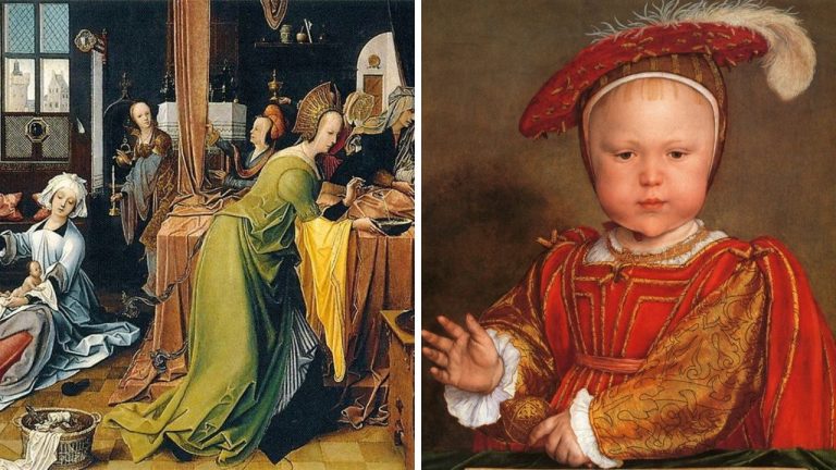 Historické maľby: ľavá strana zobrazuje stredovekú scénu, pravá dieťa v červenom renesančnom odeve.