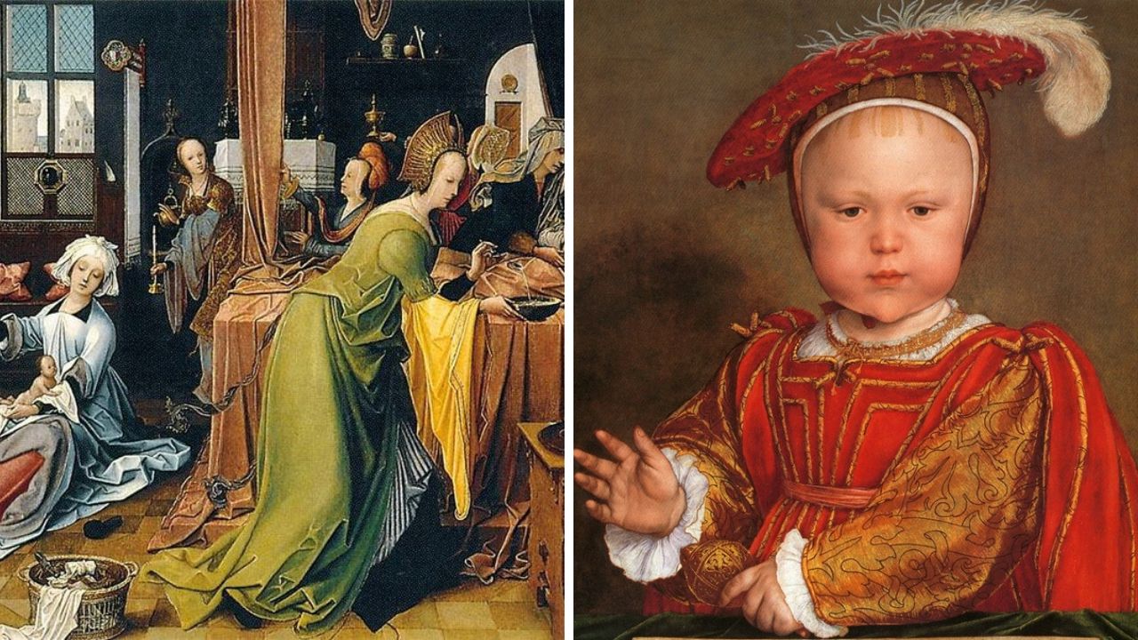 Historické maľby: ľavá strana zobrazuje stredovekú scénu, pravá dieťa v červenom renesančnom odeve.