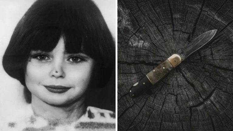 Portrét dievčaťa v čiernobielom prevedení vedľa starožitného noža na drevenom pozadí.