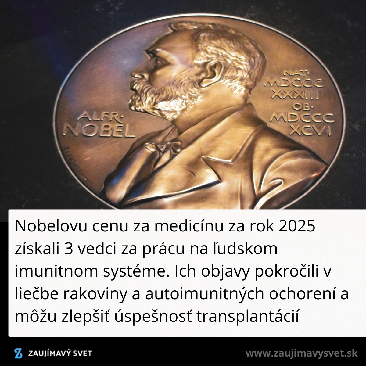 Medená medaila s profilom Alfreda Nobela, textom v rímskych čísliciach.