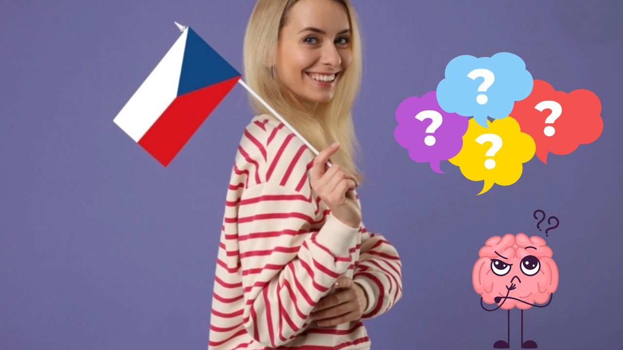 Žena so slovenskou vlajkou a premýšľajúca ikonka na fialovom pozadí, oblečená v pruhovanom svetríku.