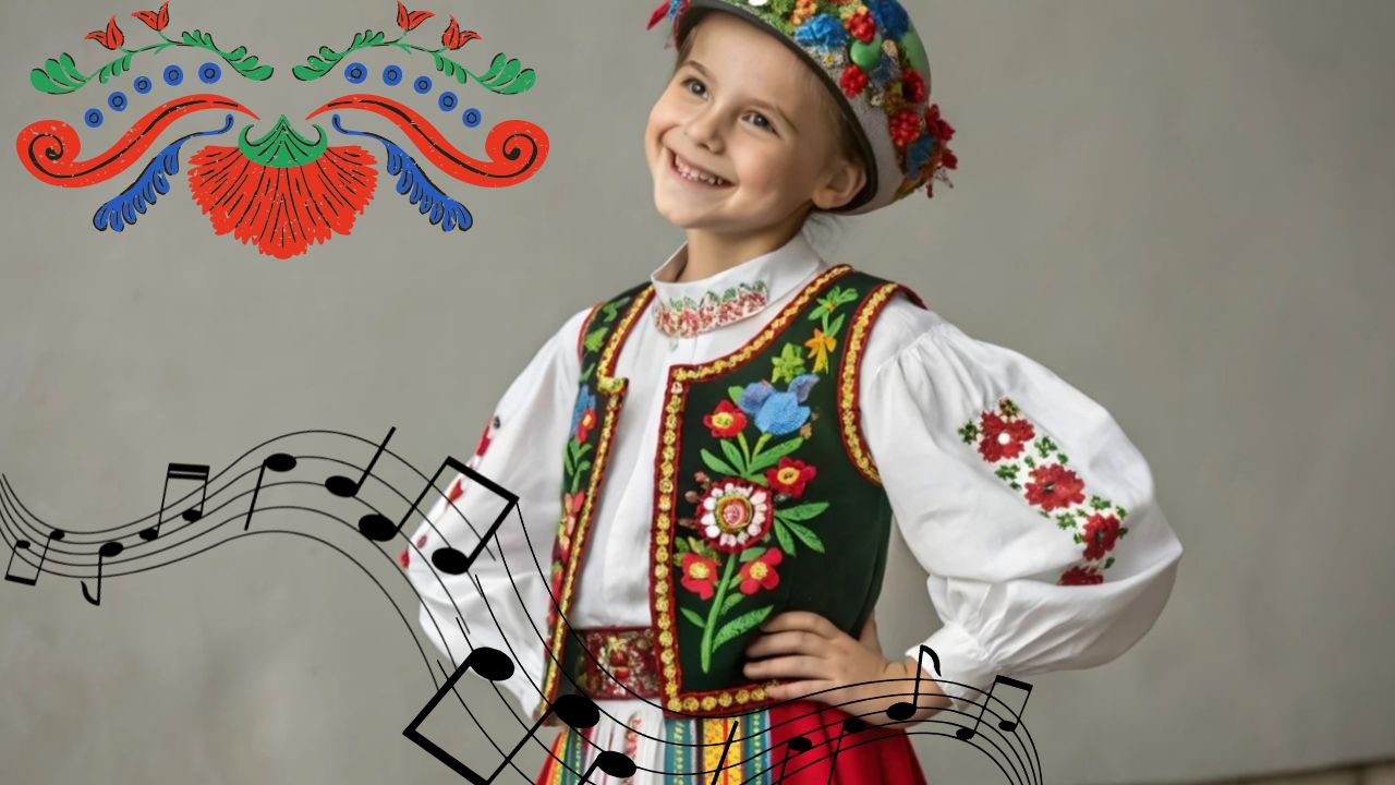 Dievčatko v tradičnom kroji s úsmevom a notami, folkloristická tematika.