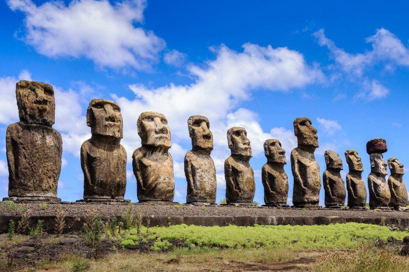 Sochy Moai na Veľkonočnom ostrove pod modrou oblohou, symbol kultúry Rapa Nui a tajomstvo ľudskej histórie.