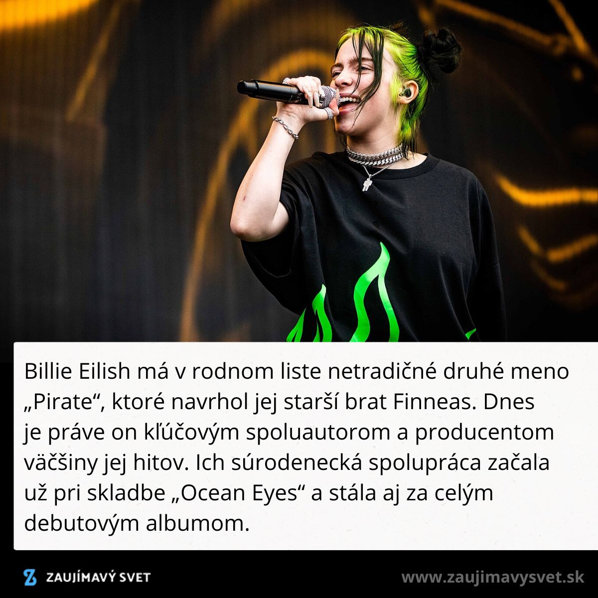 Speváčka na pódiu s mikrofónom spieva, má zelené vlasy a čierne tričko s plameňmi.