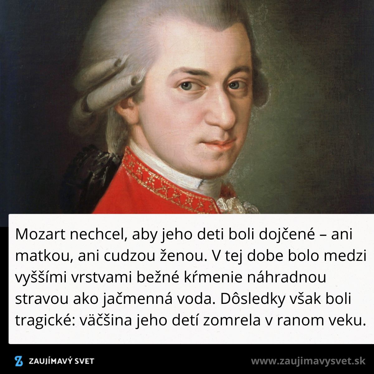 Portrét muža v historickom odeve s textom o náhradnom kŕmení detí v minulosti a jeho následkoch.