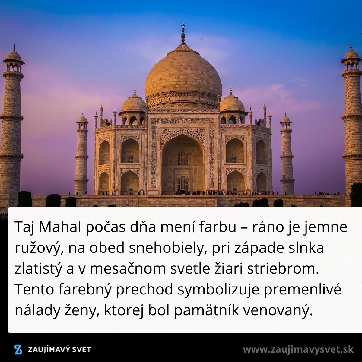 Taj Mahal pri západe slnka, jeho majestátna architektúra v teplých odtieňoch a obloha v jemne ružovom svetle.