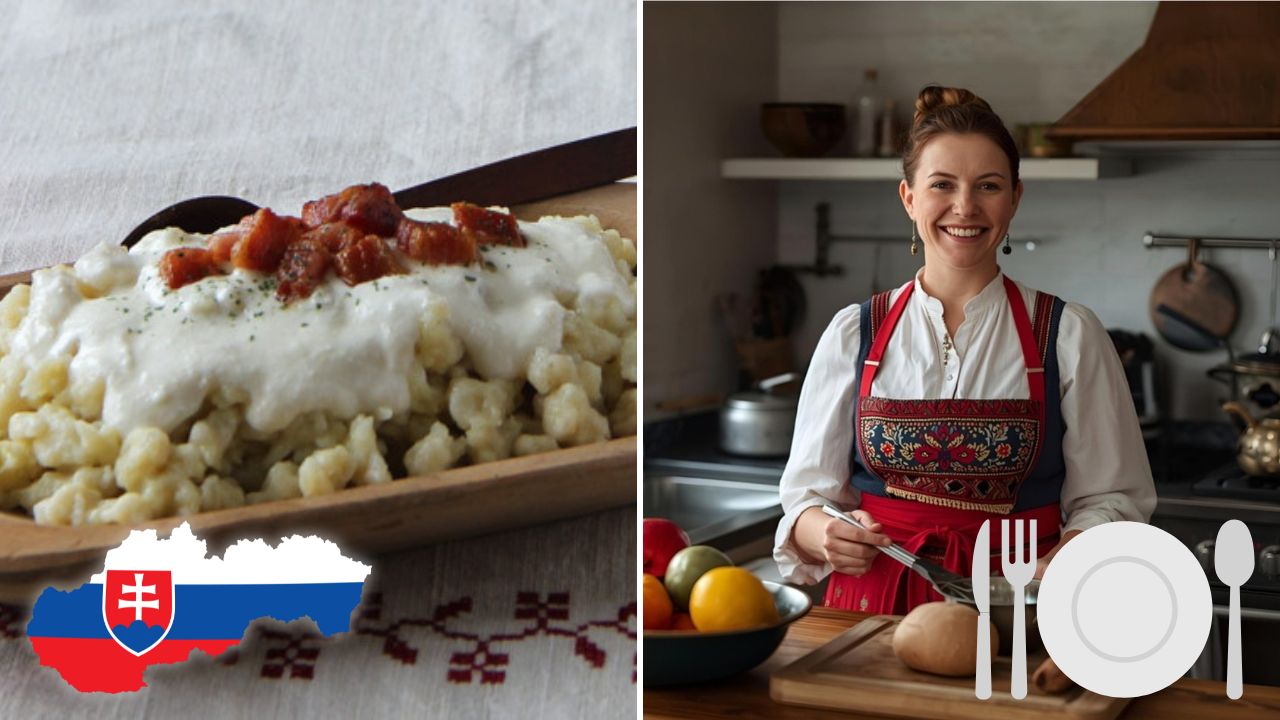 Tradičné slovenské bryndzové halušky a žena v kroji v kuchyni, symbol Slovenska.