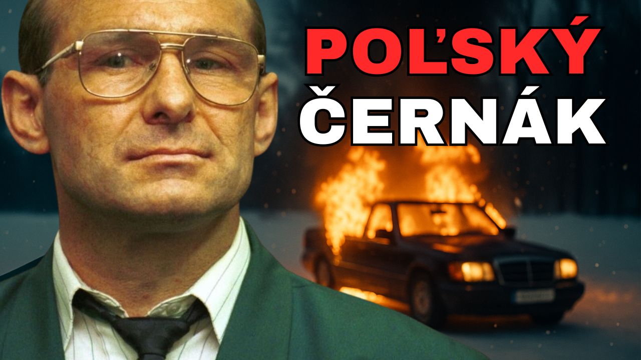 Andrzej Kolikowski v obleku pred horiacim autom, text Poľský Černák.