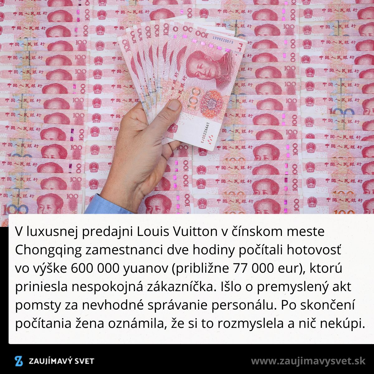 Ruka držiaca čínske juany na pozadí bankoviek, kontext luxusnej predajne v Číne.