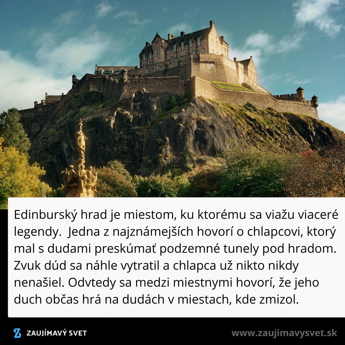 Edinburský hrad na kopci s bohatou históriou a legendami obklopený zeleným parkom a modrou oblohou.