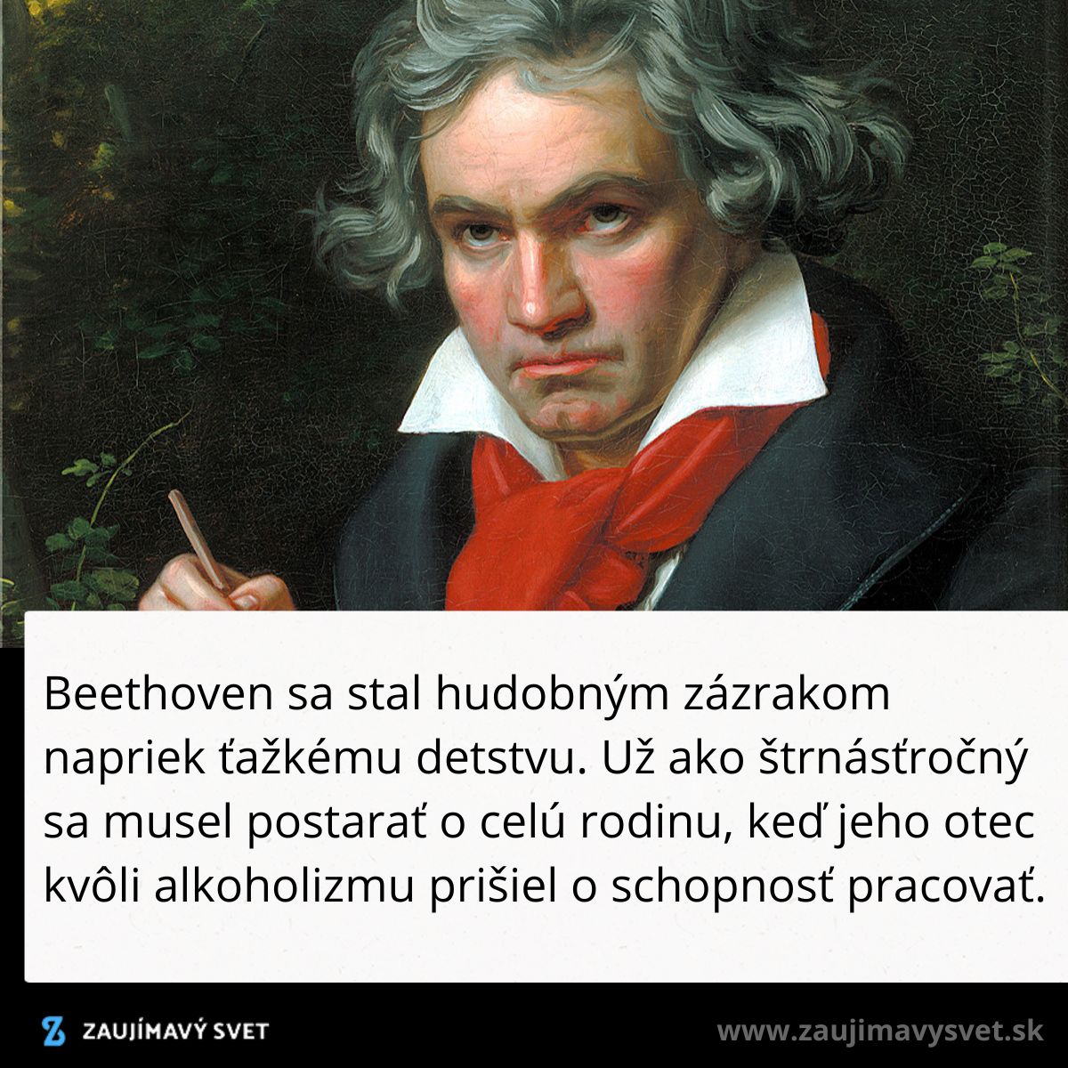 Portrét muža v tmavom obleku s červenou šatkou drží pero, obklopený zeleným pozadím.