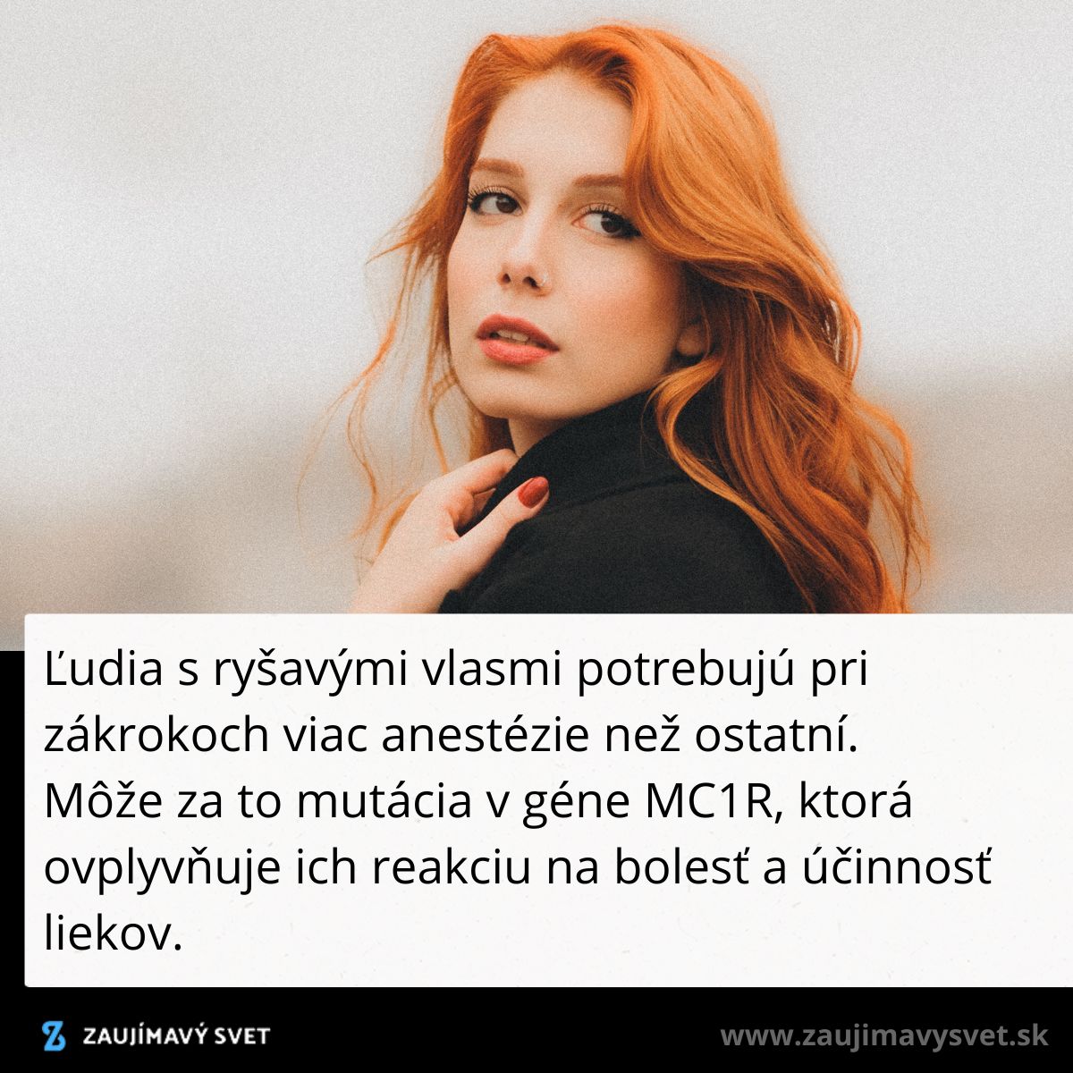 Žena s dlhými ryšavými vlasmi v čiernom kabáte, pozadie je rozostrené. Text o anestézii a géne MC1R.