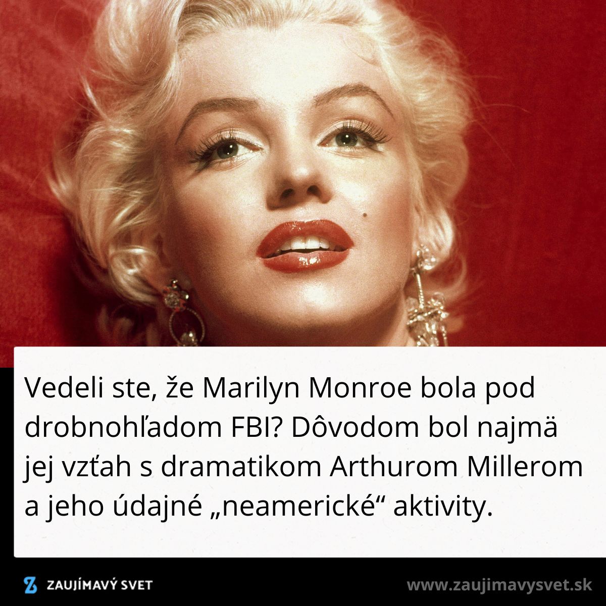 Neznáma žena s blond vlnitými vlasmi a červeným rúžom, elegantné náušnice na červenom pozadí.