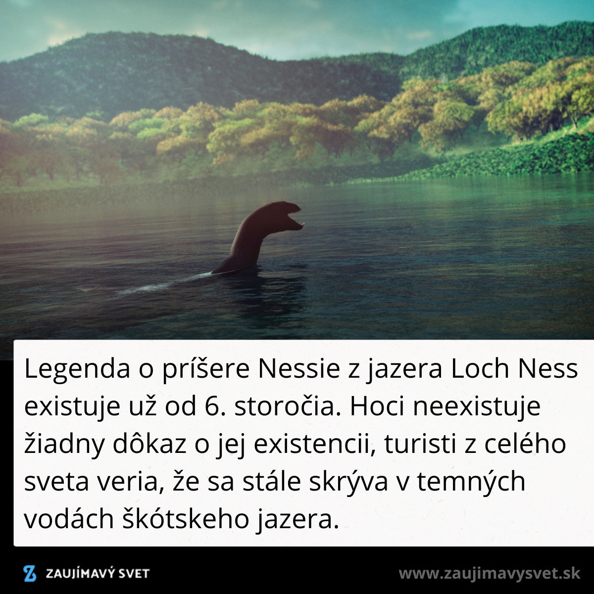 Príšera Loch Ness, silueta na vode, obklopená zelenými kopcami, mýtus o Nessie, legendárne škótske jazero.
