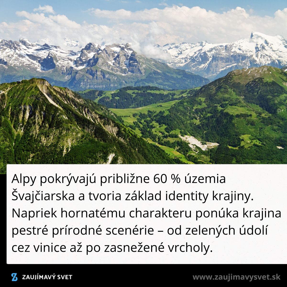 Švajčiarske Alpy: zelené údolia a zasnežené vrchy pod modrým nebom, tvoria charakteristickú krajinu.