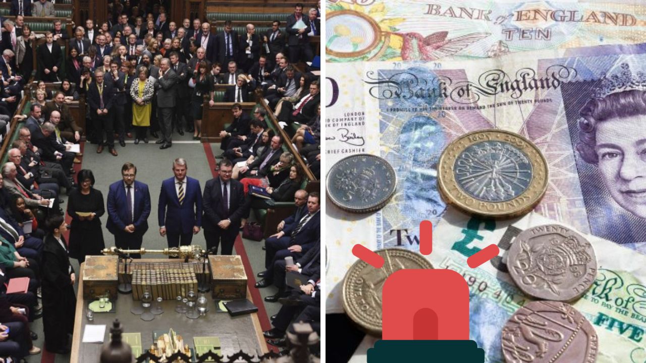 Politická diskusia v parlamente a britská mena: bankovky a mince znázorňujú ekonomické otázky.