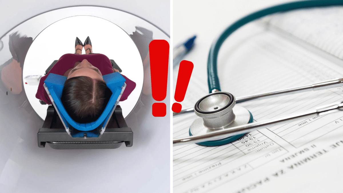 Žena v MRI prístroji a stetoskop na zdravotnej dokumentácii; ilustrácia lekárskeho vyšetrenia.
