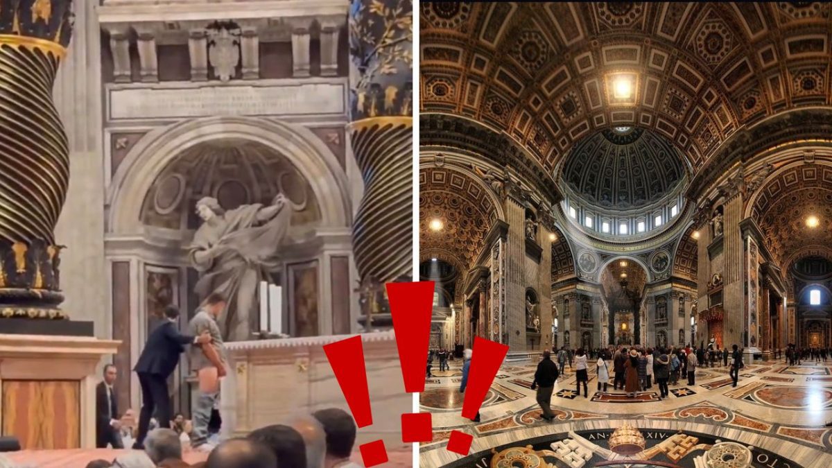 Interiér veľkolepej katedrály s návštevníkmi a zamestnancami pri baldachýne, dôraz na architektúru a atmosféru miesta.