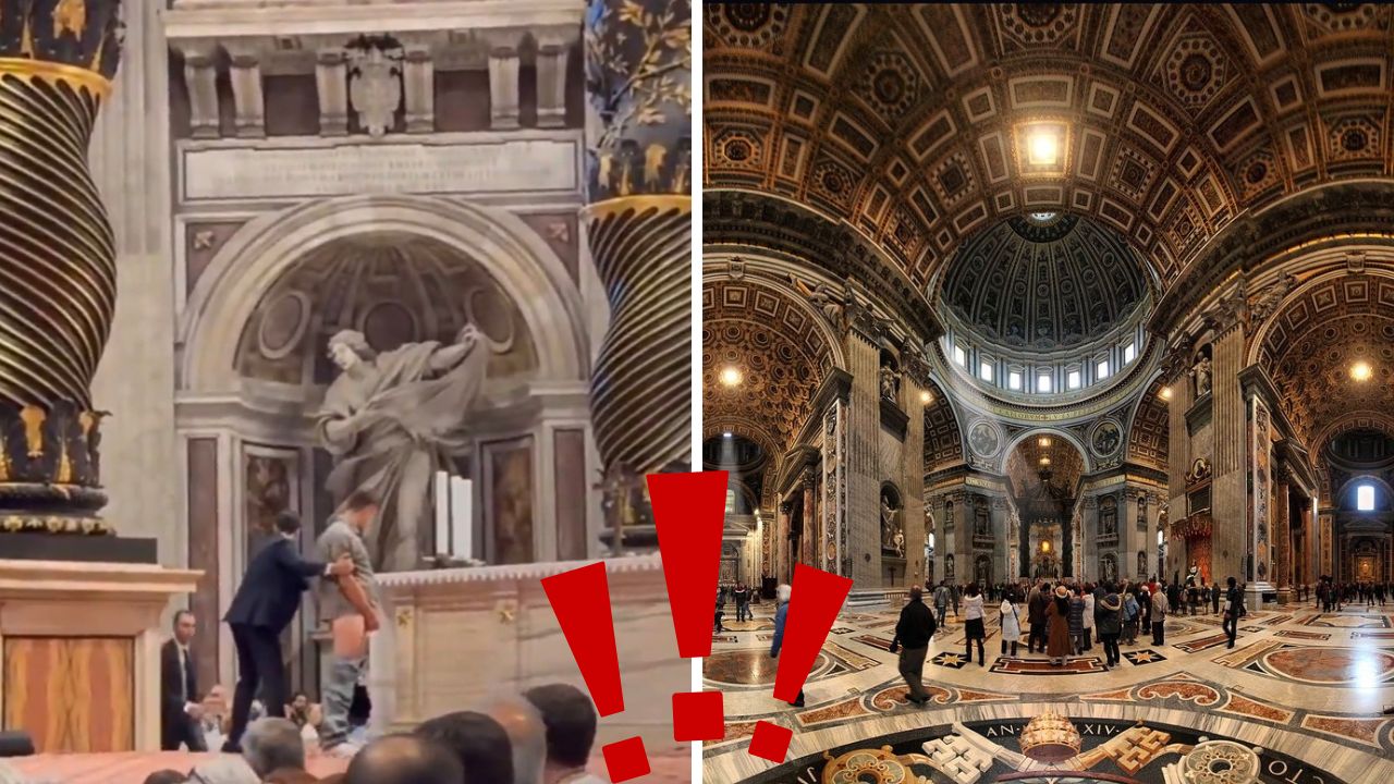 Interiér veľkolepej katedrály s návštevníkmi a zamestnancami pri baldachýne, dôraz na architektúru a atmosféru miesta.