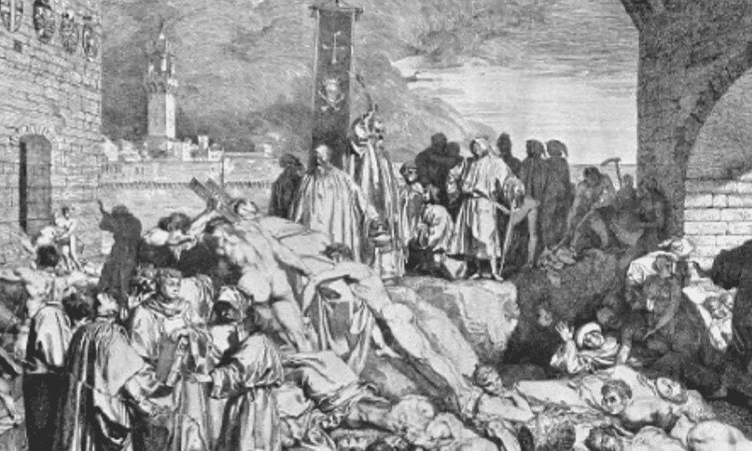 Historická kresba s ľuďmi počas morovej pandémie v stredovekom meste, ukazuje hromadný pohreb a náboženský obrad.