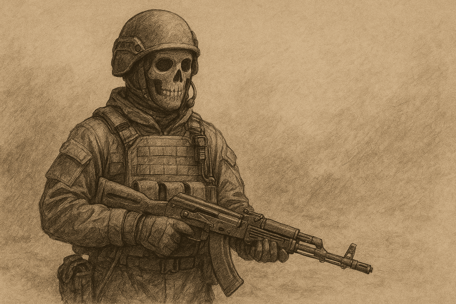 Ilustrácia vojaka znázorňujúca Wagnerovcov v uniforme, s lebkovou helmou.
