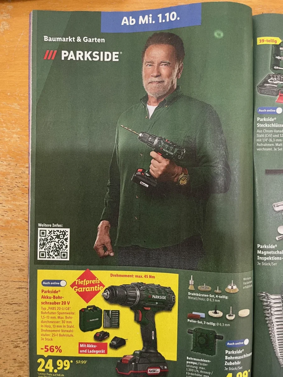 Reklama na Parkside náradie: akumulátorová vŕtačka s príslušenstvom, v predaji od 1. októbra za zvýhodnenú cenu.
