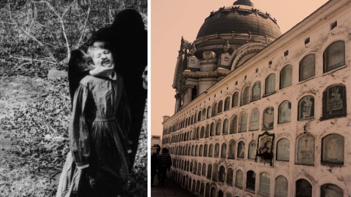 Dievča v tmavom oblečení na starodávnej fotografii a historická budova s kryptami na cintoríne.