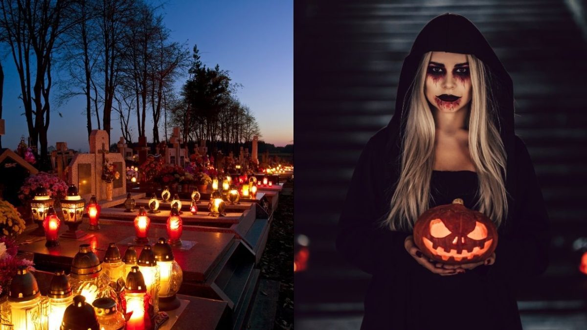 Nočný cintorín so sviečkami a strašidelná žena v maske s tekvicou počas Halloweenu.