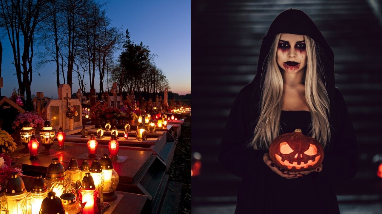 Nočný cintorín so sviečkami a strašidelná žena v maske s tekvicou počas Halloweenu.