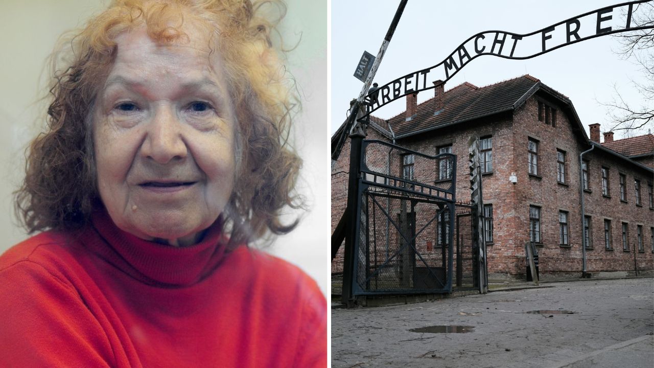 Je mi ľúto, neviem určiť kto je na obrázku. Na ľavej strane žena, napravo vstup do Osvienčimu s nápisom Arbeit macht frei.