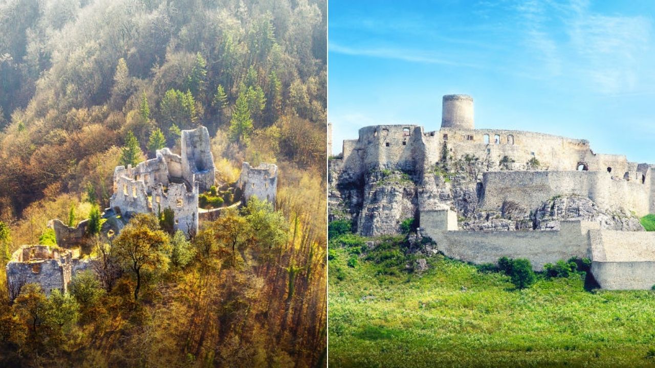 Dve nádherné zrúcaniny hradov v prírode. Spišský hrad vpravo