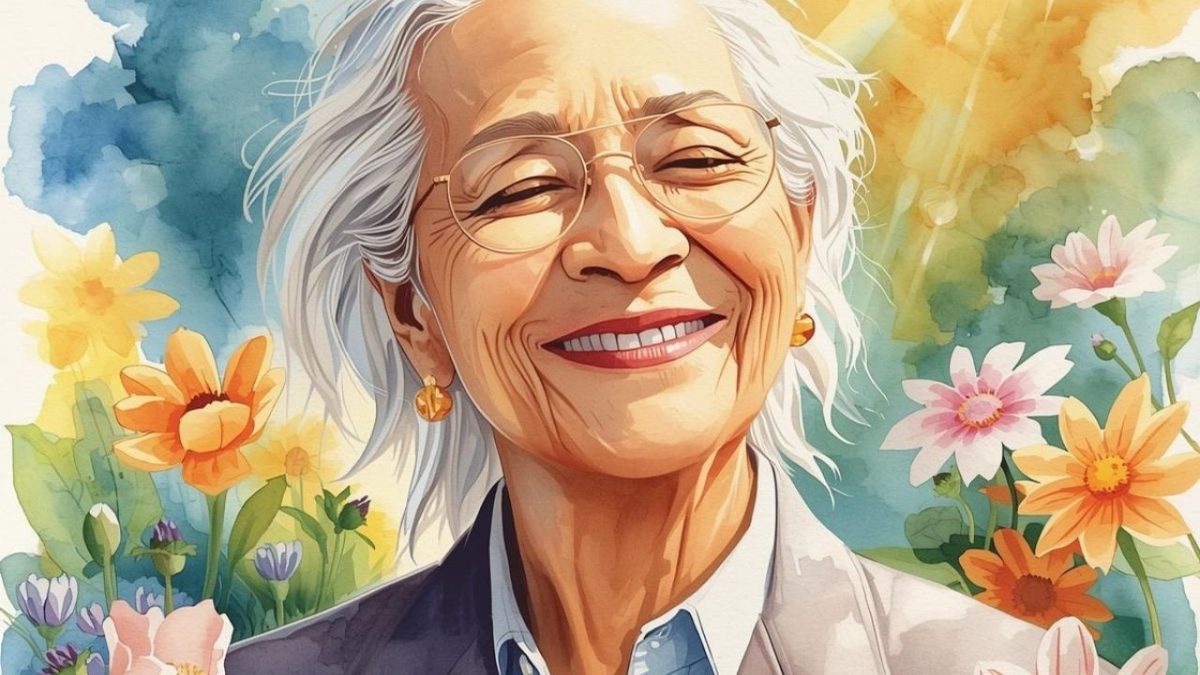 Usmievajúca sa staršia žena v okuliaroch, obklopená farebnými kvetmi na akvarelovej ilustrácii, žiari radosťou a pokojom.