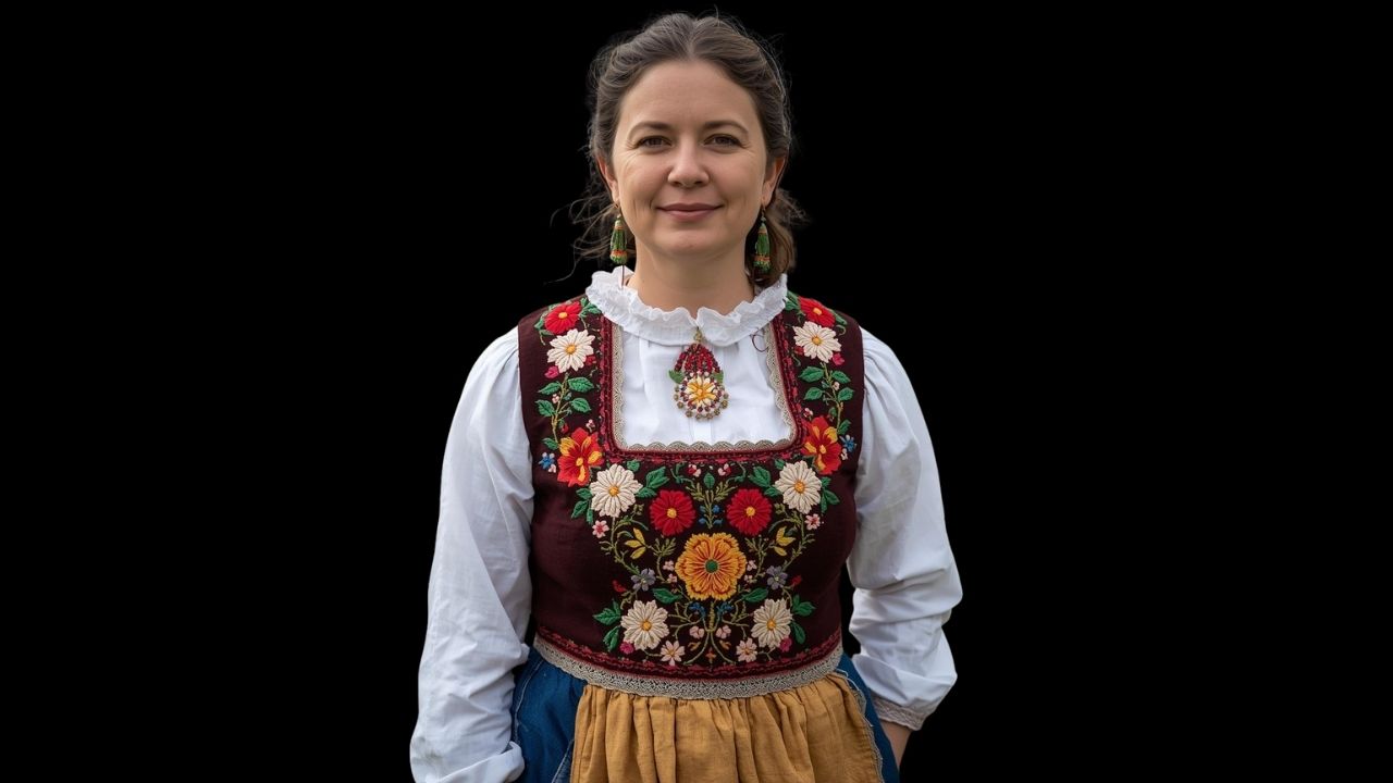 Žena v tradičnom slovenskom kroji s farebnou výšivkou na čiernom pozadí.