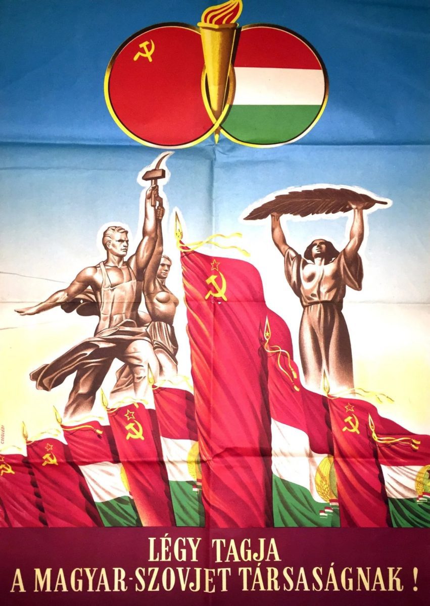 Propaganda plagát s sochami pionierov a maďarsko-sovietskymi symbolmi. Historická politická ilustrácia.
