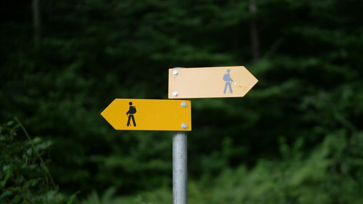 Žlté turistické značky na križovatke v lese, ukazujúce dve rôzne smery pre peších turistov.