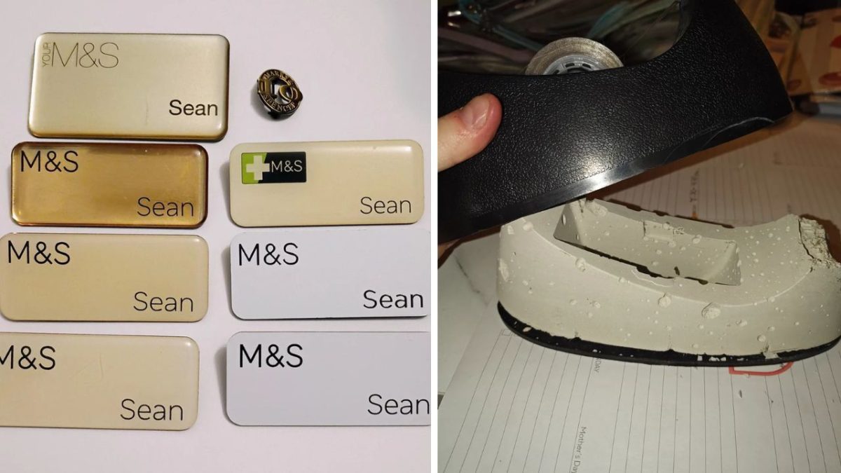Menovky M&S s menom Sean a poškodený držiak s lepiacou páskou na stole.