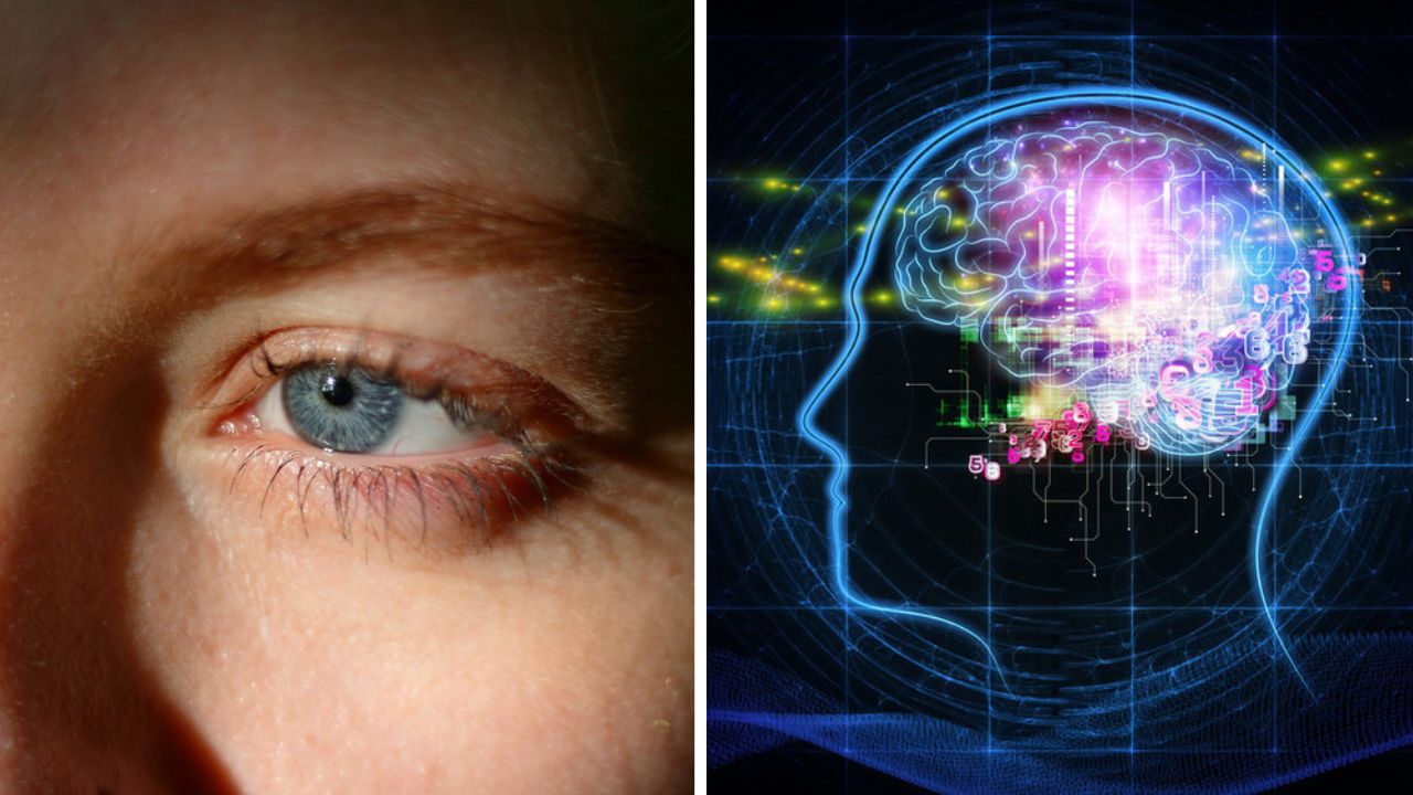 Ľudské oko v detailnom zábere a digitálne znázornenie mozgu, technologické spojenie človeka a AI.