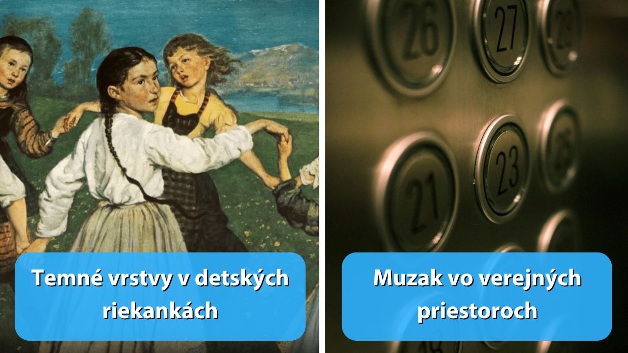 Deti sa držia za ruky na lúke a tlačidlá výťahu s číslami poschodí. Text: Temné vrstvy v detských riekankách, Muzak vo verejných priestoroch.